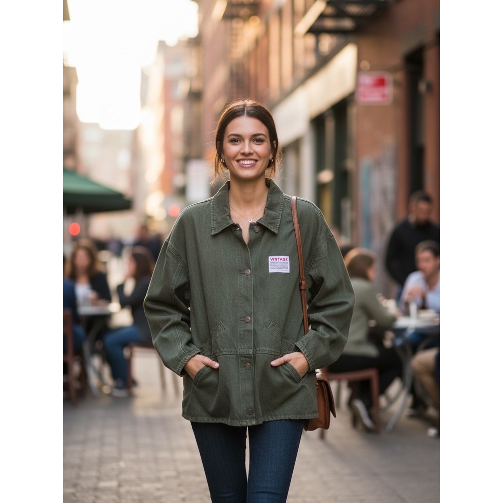 Cicy Bell Denim Shacket Women Large Army Green Button Utility Jacket H9H437